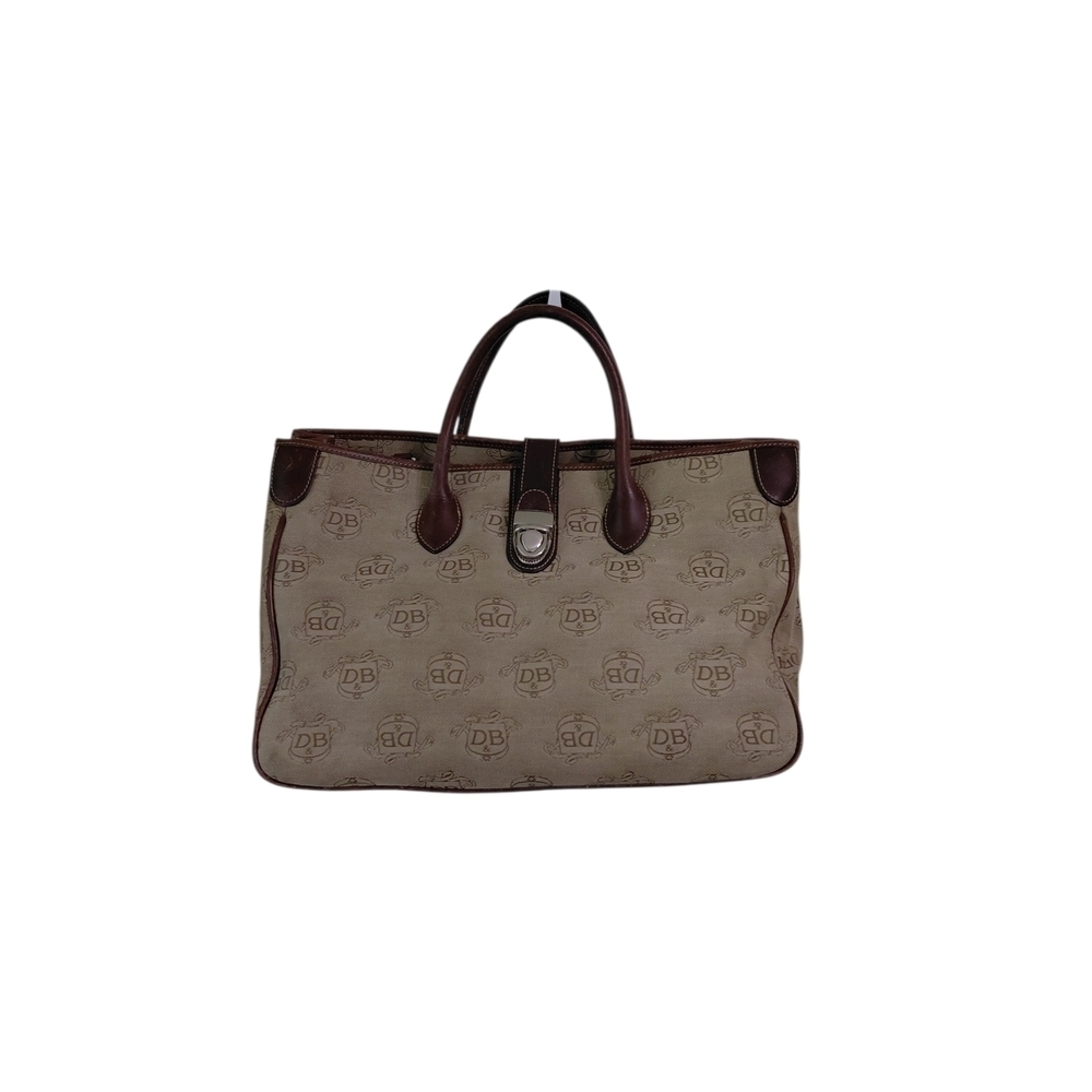 👜 Dooney & Bourke Beige Monogram Tote with Dark Brown Leather Trim